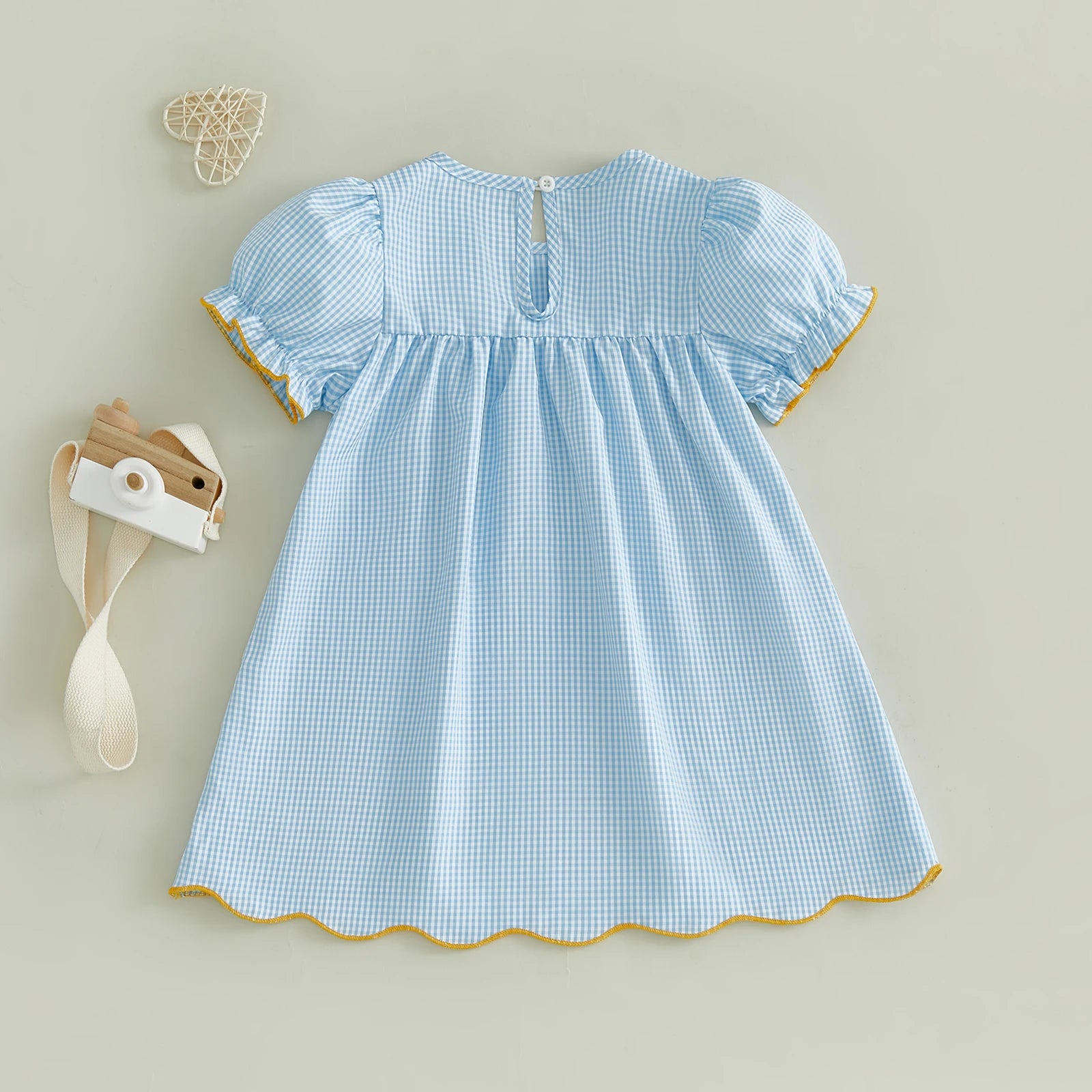 Girls Blue Plaid Pencil Appliqué Puff Sleeve A-Line Back-to-School Dress