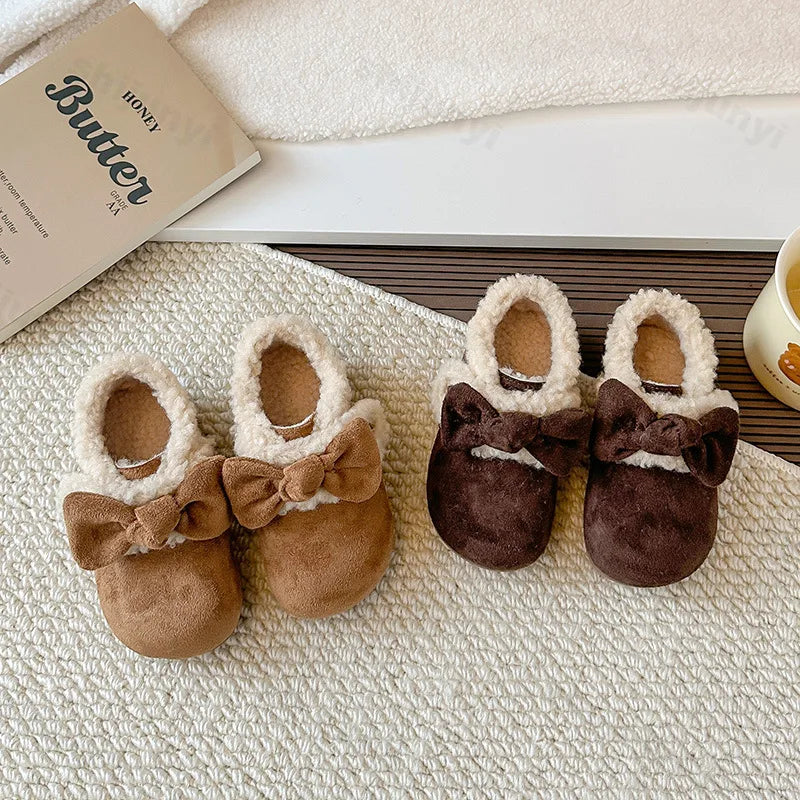 Retro Bow Plush Fur Children's Flats - Warm Fluffy Kids Casual Shoes