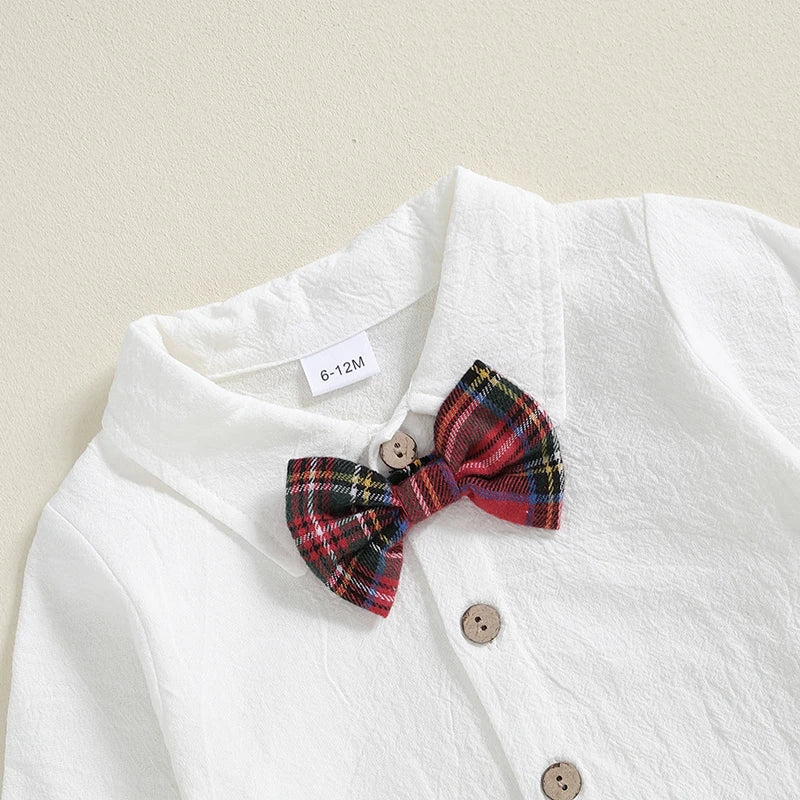 Baby Boy Gentleman Romper Set with Plaid Suspender Pants & Bow Tie
