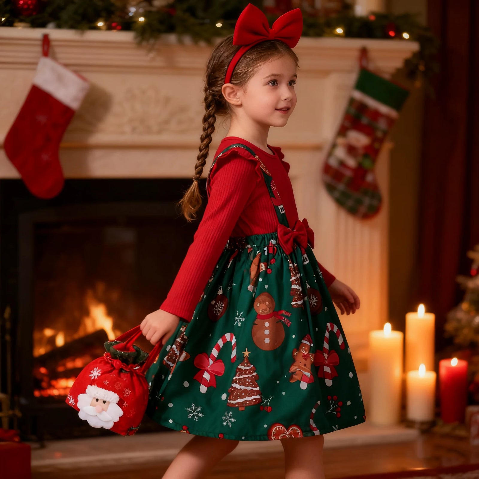 Girls Christmas Print Ruffle Dress