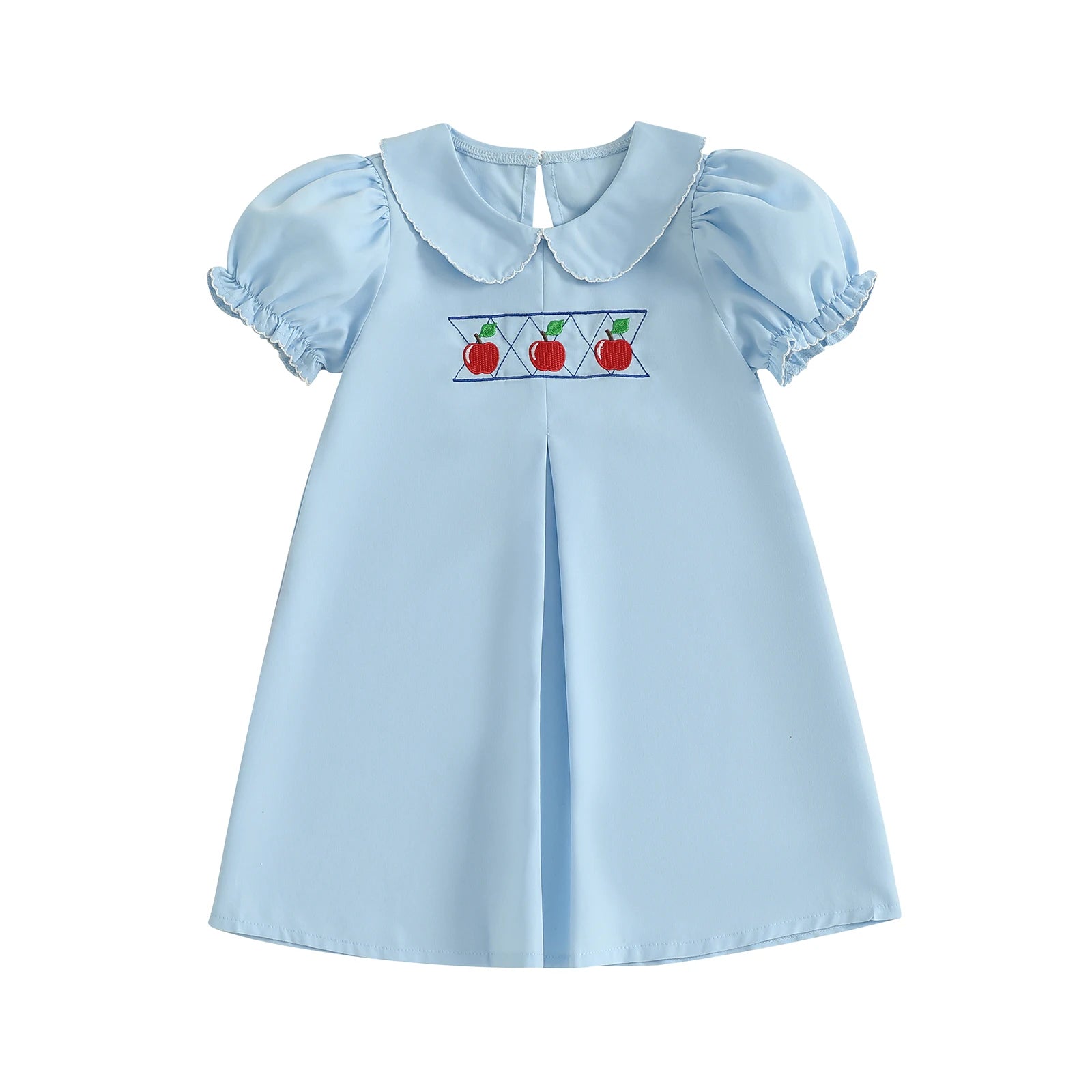 Back-to-School Apple Embroidered Blue Dress