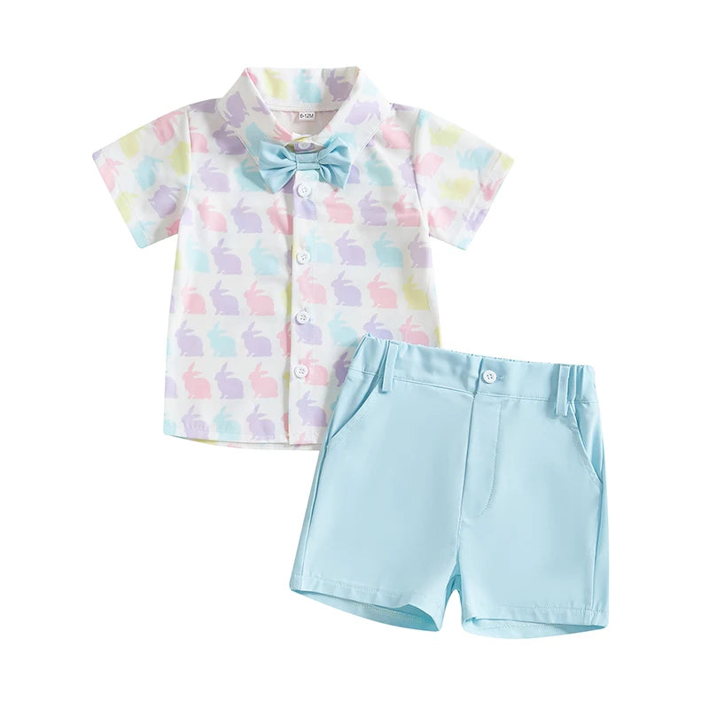 Bunny Print Shirt and Bow Tie with Shorts