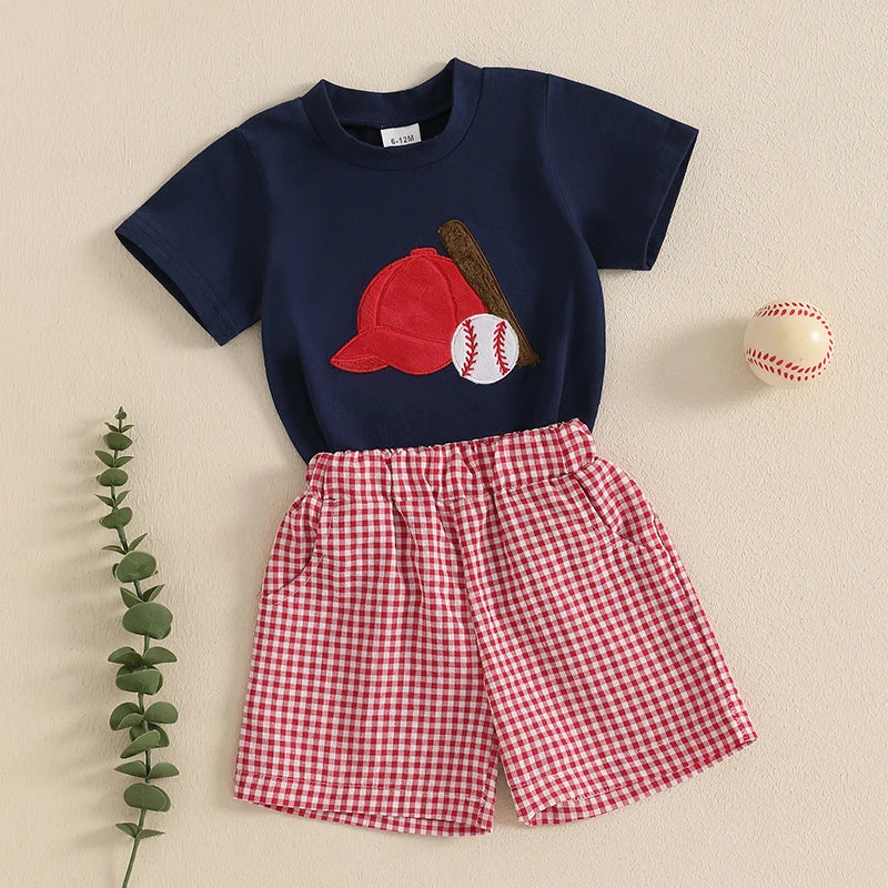 Embroidered Baseball T-Shirt and Plaid Shorts Set