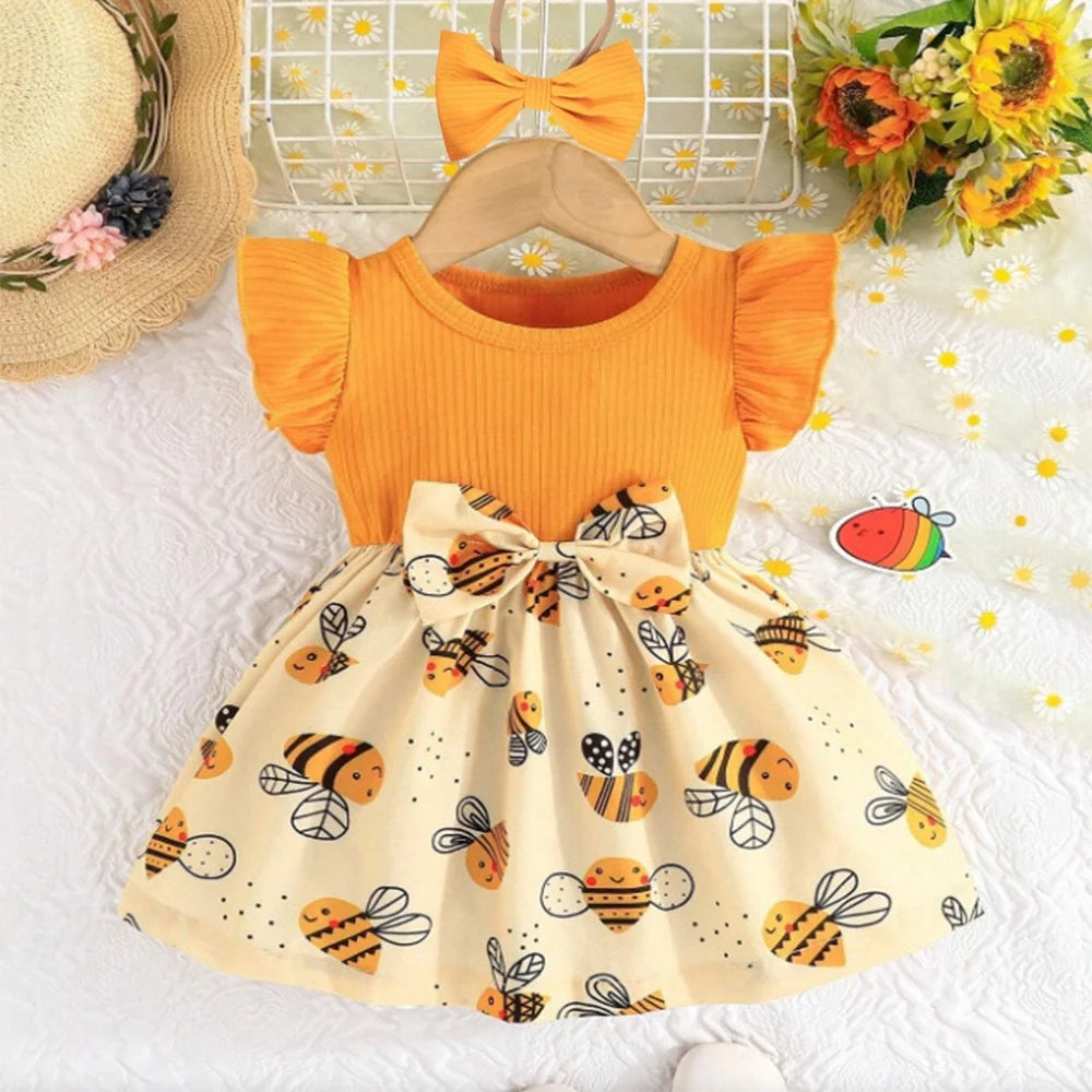 Baby Girl Summer Bee Print Dress with Matching Headband