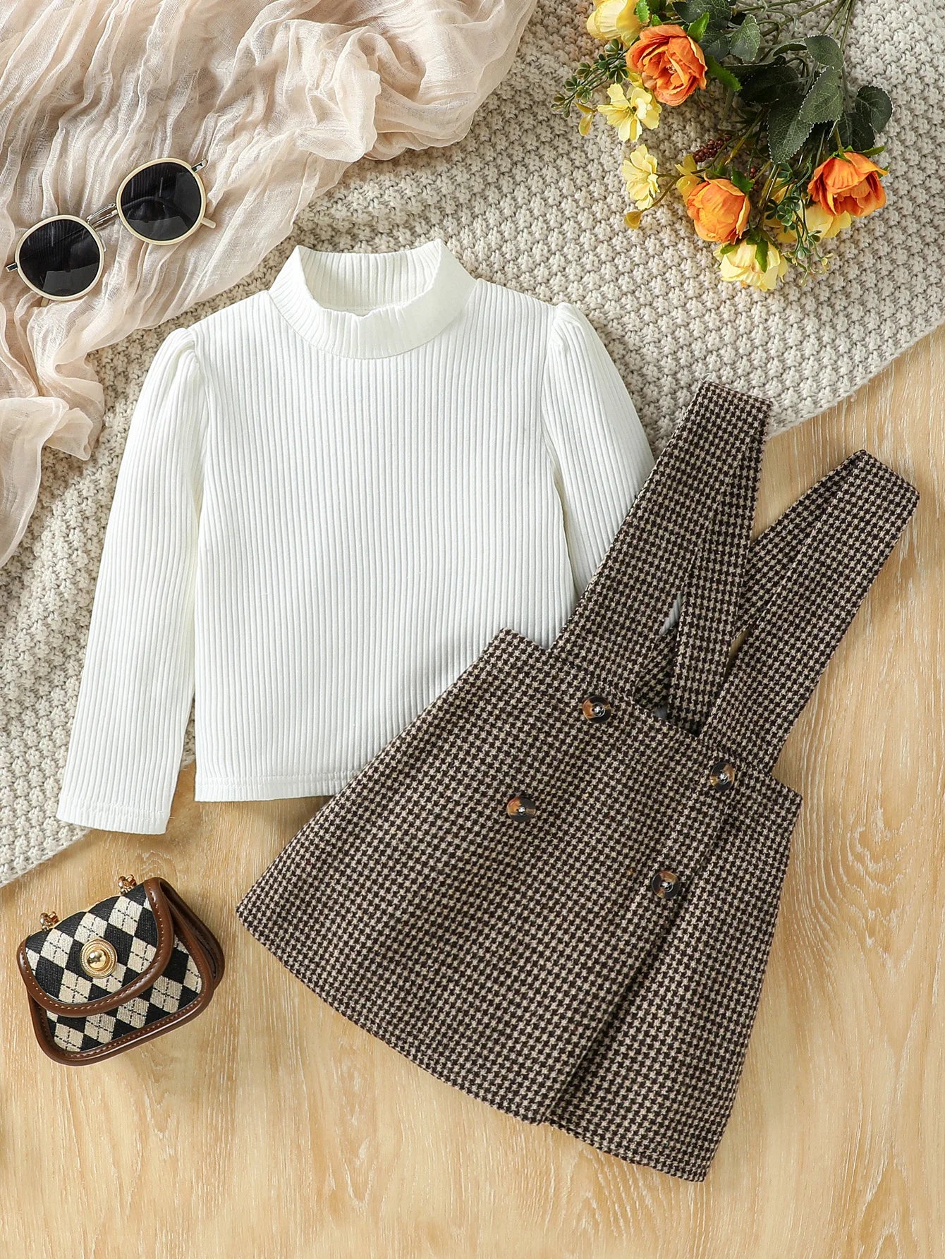 Girl's Plaid Strap Skirt Set - Long Sleeve Top & Skirt Outfit