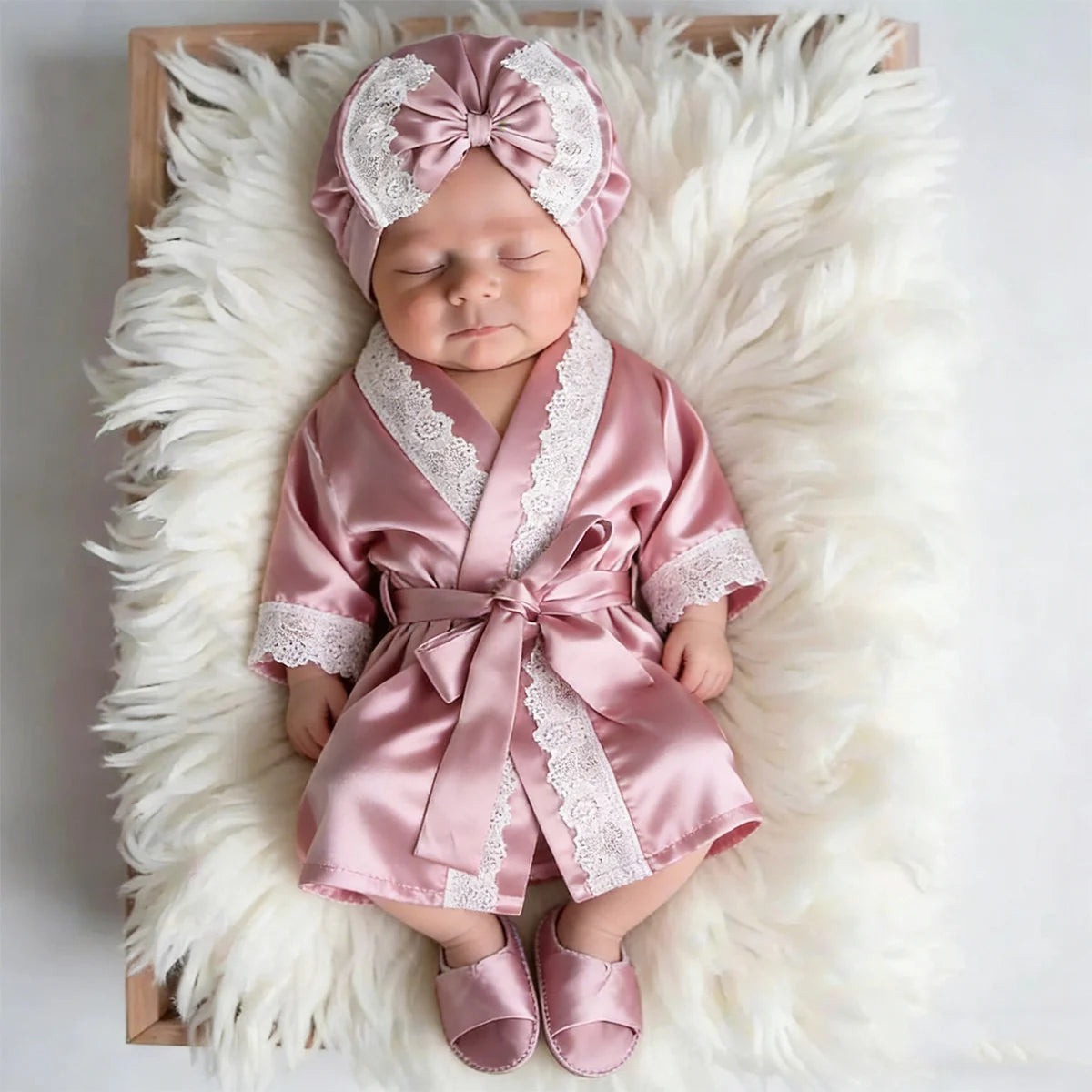 Newborn Lace Bathrobe Photo Set for Baby Girls - Robe, Turban Hat and Slippers