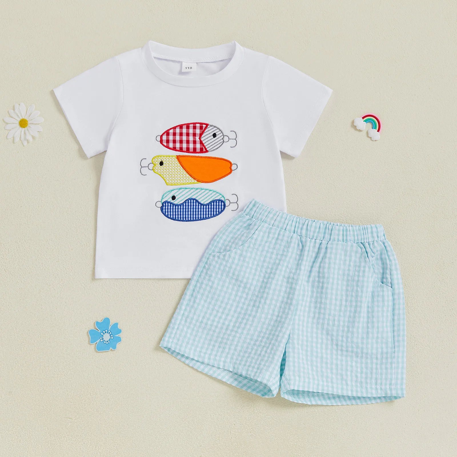 Fish Print T-Shirt and Gingham Shorts Set