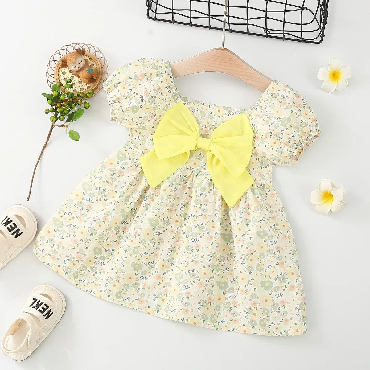 Floral Puff Sleeve & Bow Dress for Toddler Girls