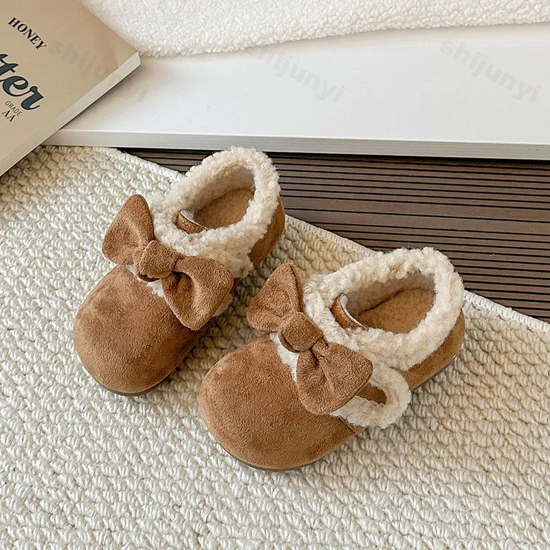 Retro Bow Plush Fur Children's Flats - Warm Fluffy Kids Casual Shoes