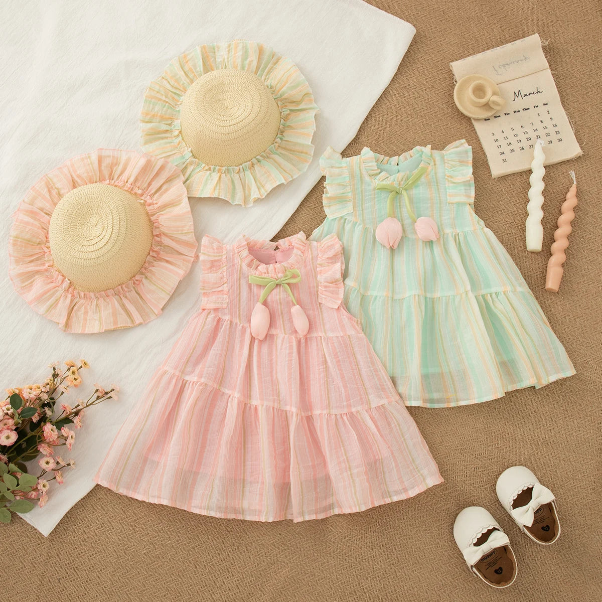 Cute Tulip Fly Sleeve Girl Beach Dress & Hat