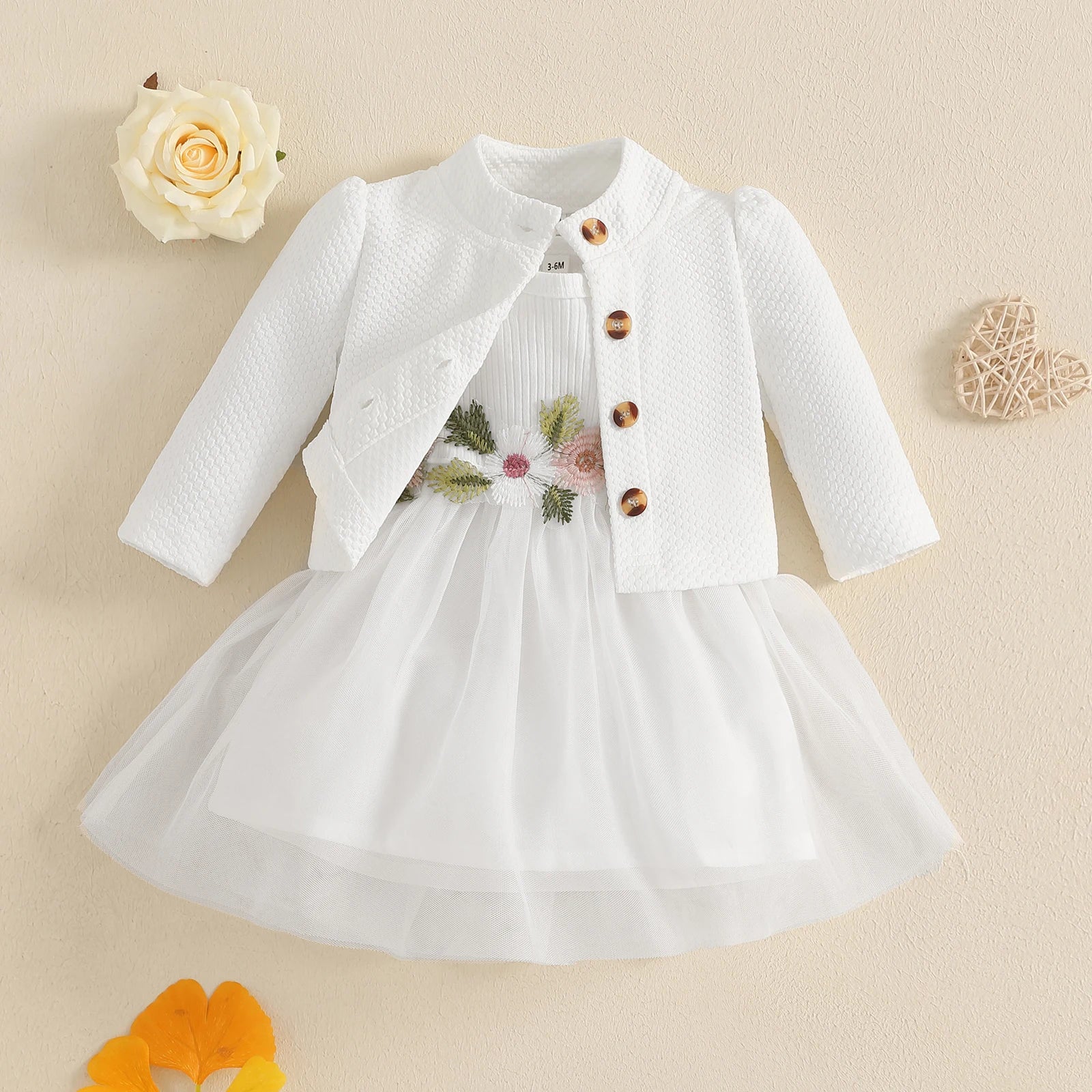 Baby Girl Fall Outfit - Floral Tulle Dress & Cardigan Set