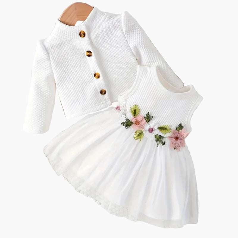 Baby Girl Fall Outfit - Floral Tulle Dress & Cardigan Set