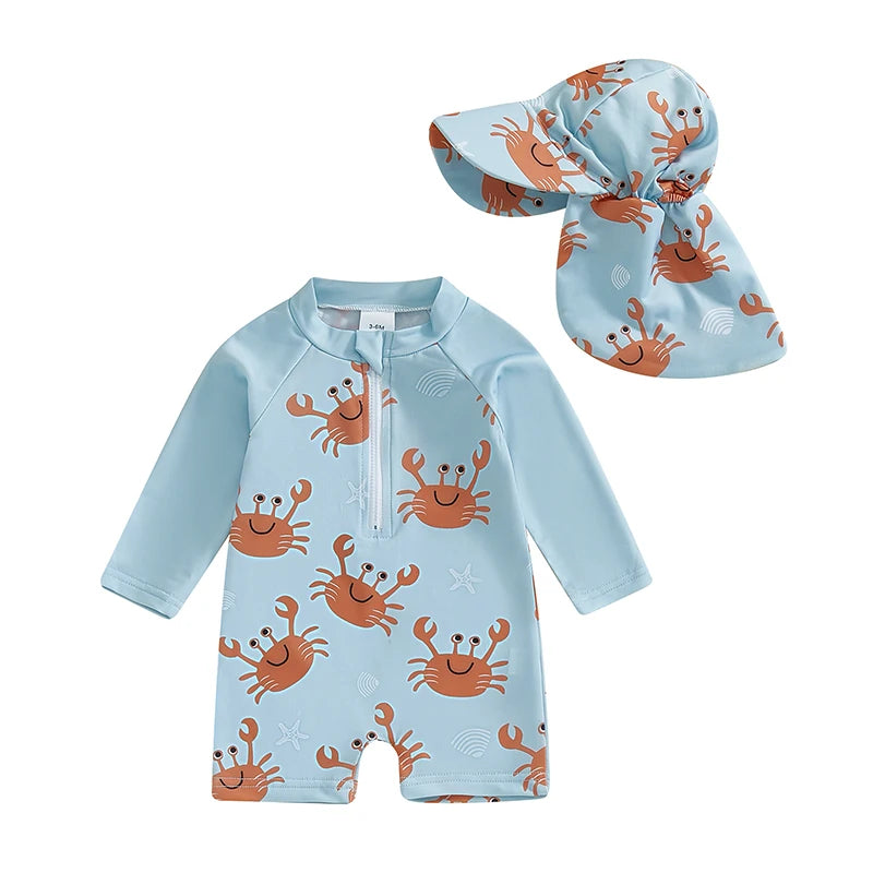 2-Piece Toddler Boys' Long Sleeve Rash Guard & Swim Cap Set