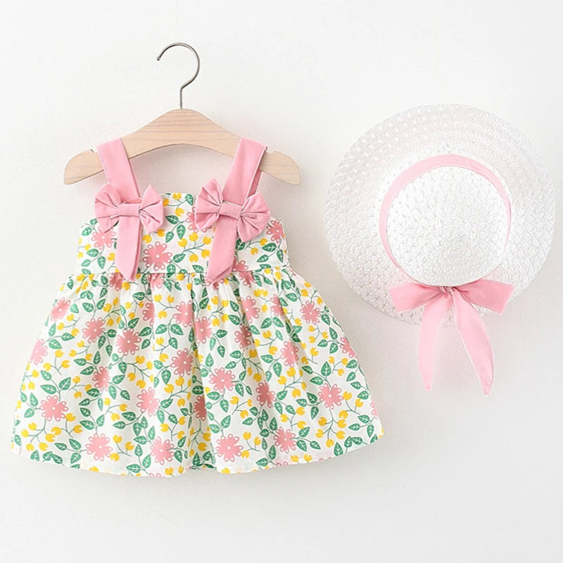 2-Piece Korean Style Floral Dress & Hat Set