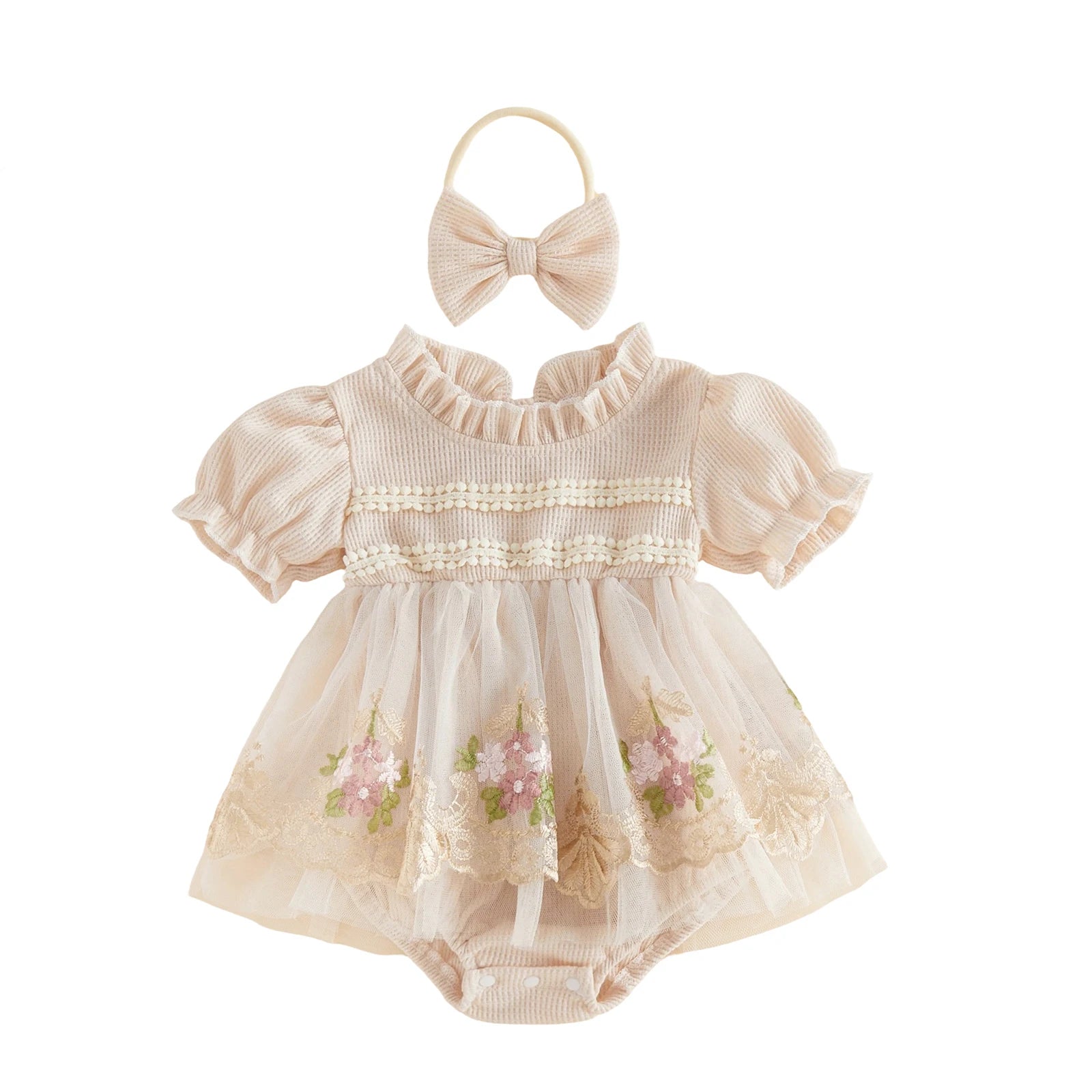 Baby Girl Romper Dress & Bow Headband Set - Floral Tulle Embroidery