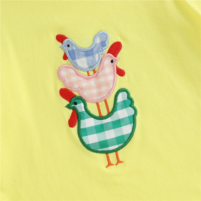 Toddler Boy Stacked Chick Embroidery Yellow T-Shirt & Blue Plaid Shorts 2-Piece Summer Set