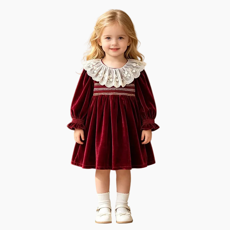 Girls Red Christmas Dress with White Lace Collar