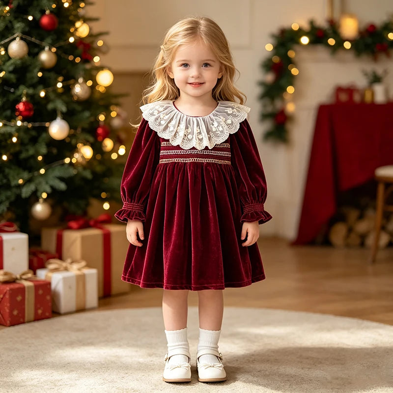 Girls Red Christmas Dress with White Lace Collar