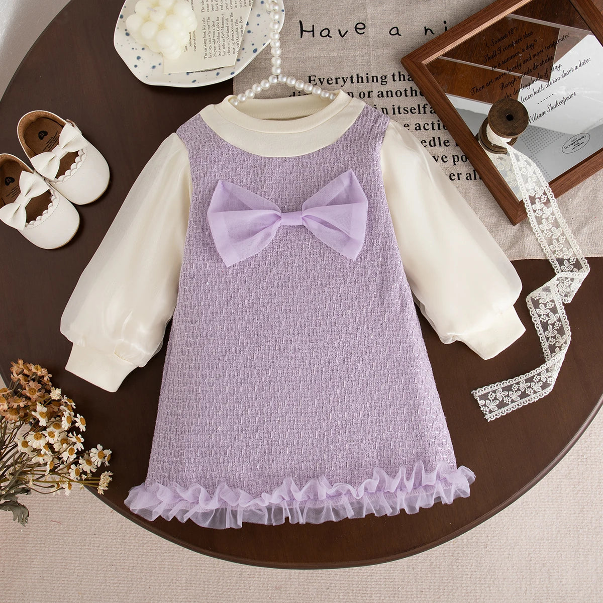 Sweet Bow Baby Girl Dress - Korean Style Long Sleeve Clothes