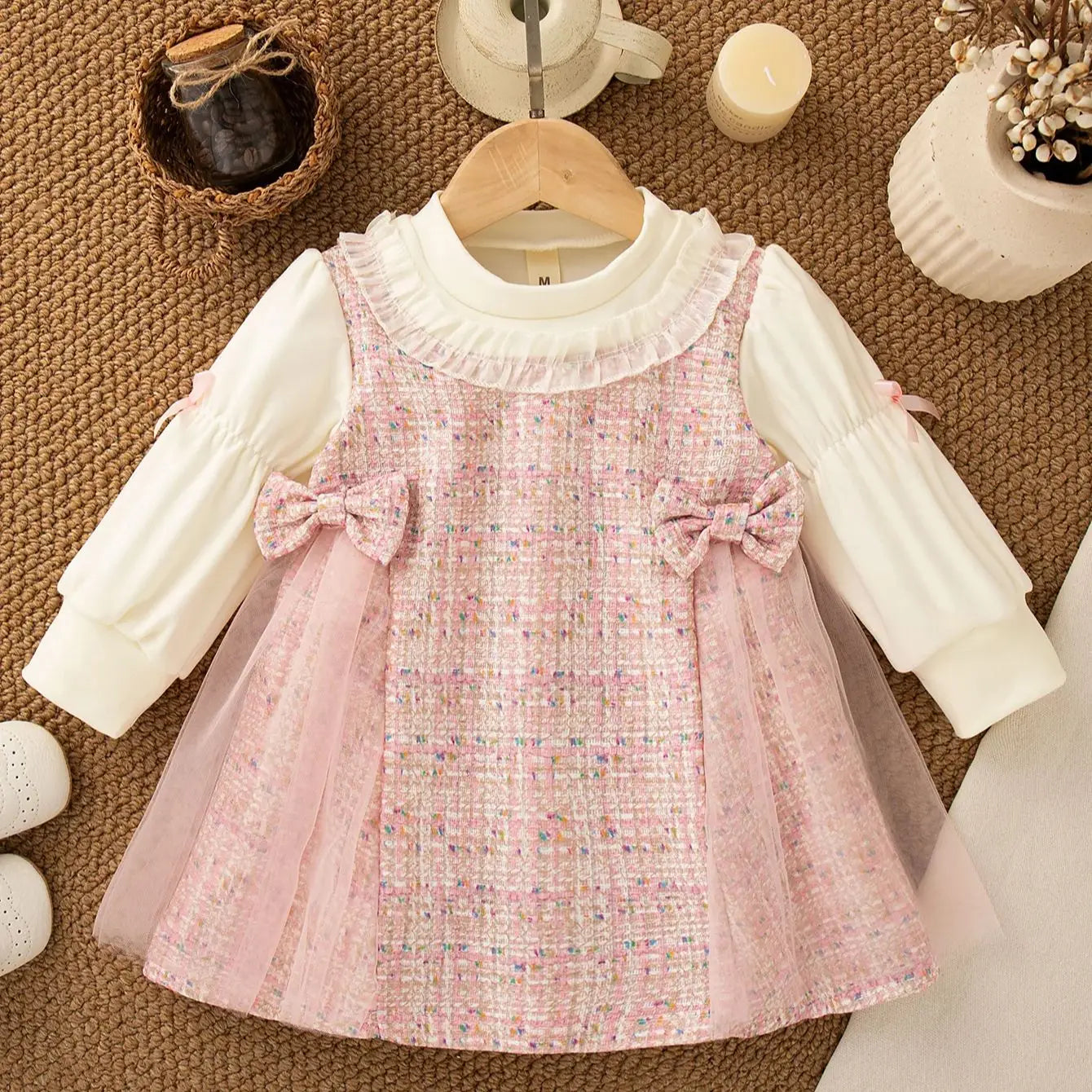 Checkered Bow Baby Girl Princess Dress Long Sleeve