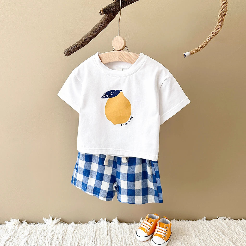 Lemon Print T-Shirt and Checkered Shorts Set