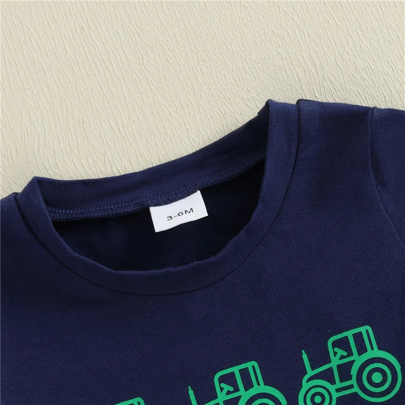 Toddler Boy Tractor Print T-Shirt & Green Plaid Shorts 2-Piece Summer Outfit