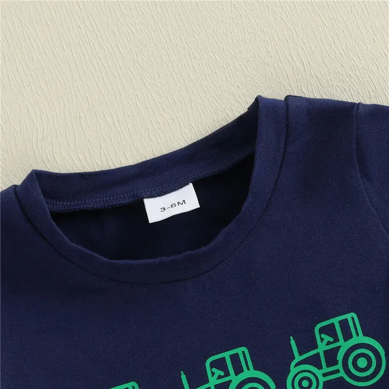 Toddler Boy Tractor Print T-Shirt & Green Plaid Shorts 2-Piece Summer Outfit