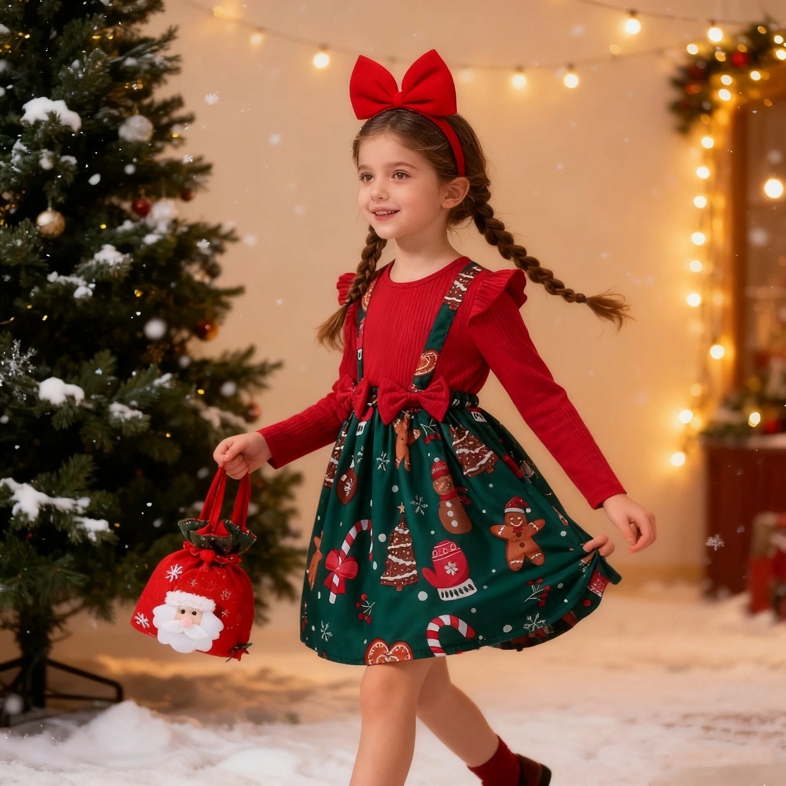 Girls Christmas Print Ruffle Dress