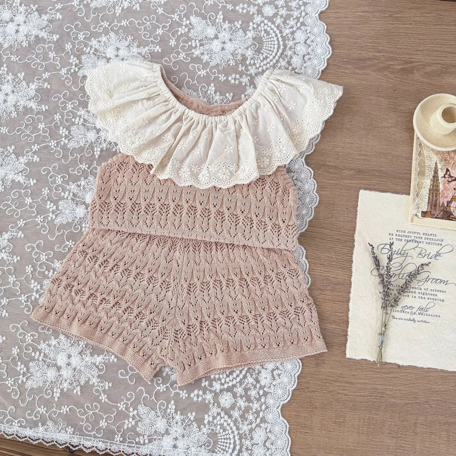 Baby Girls Hollow Knit Lace Collar Vest & Shorts Set