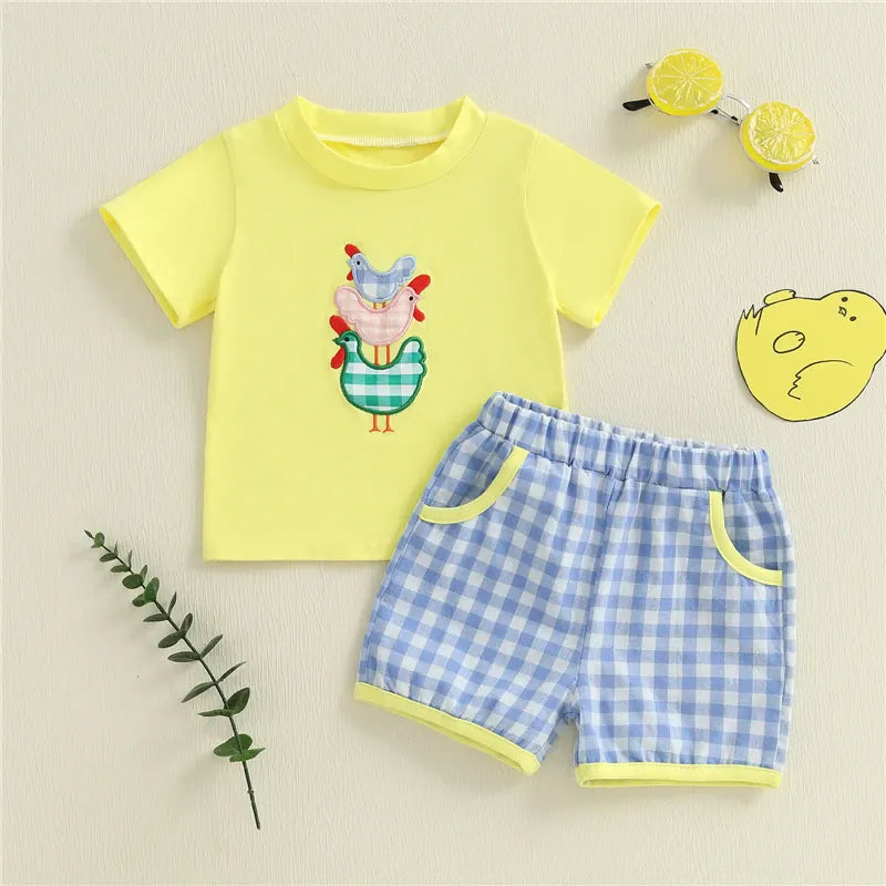 3-6M Toddler Boy Stacked Chick Embroidery Yellow T-Shirt & Blue Plaid Shorts 2-Piece Summer Set