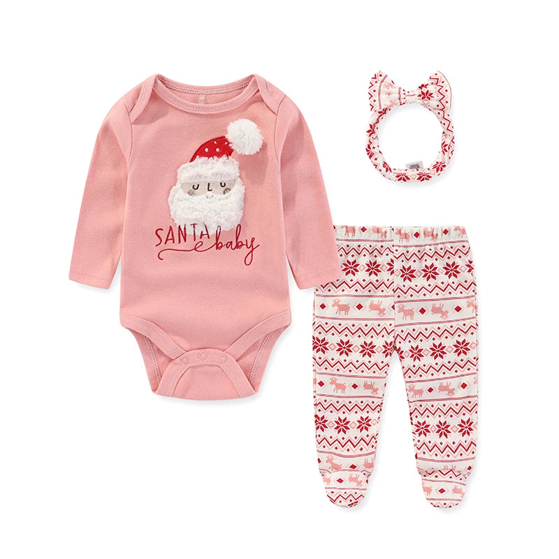 Baby Girl Christmas Santa Bodysuit, Printed Pants & Headband Set