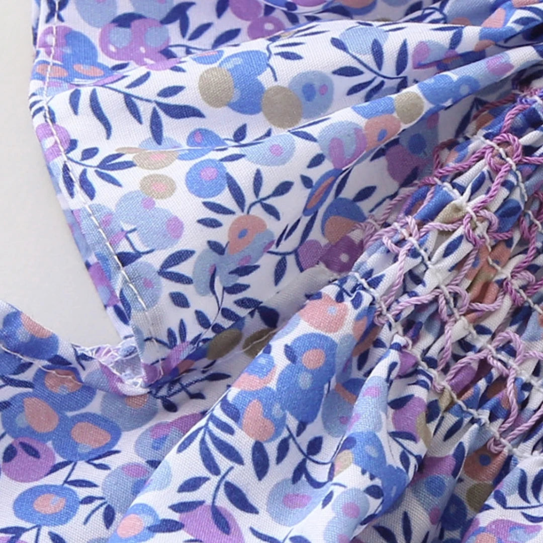 Girls' Summer Smocked Floral Dress with Ruffle Sleeves