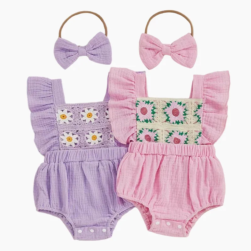 Baby Girl Crochet Flower Smocked Ruffle Romper & Headband Set