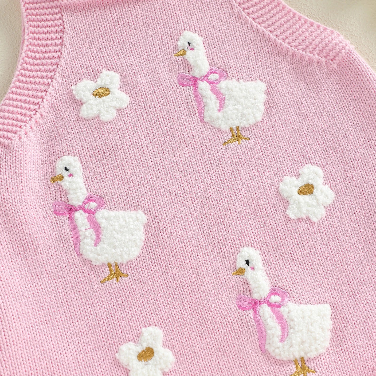 Baby Girl Sleeveless Duck & Flower Knit Overall Bodysuit