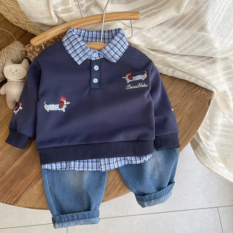 Boys Embroidered Plaid Collar Top & Pants Set