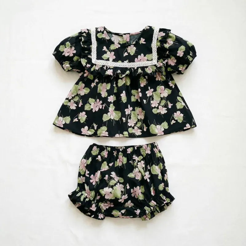 Black flower / 3-6M Baby Girl Floral Cotton Puff Sleeve Top & Bloomers 2-Piece Set
