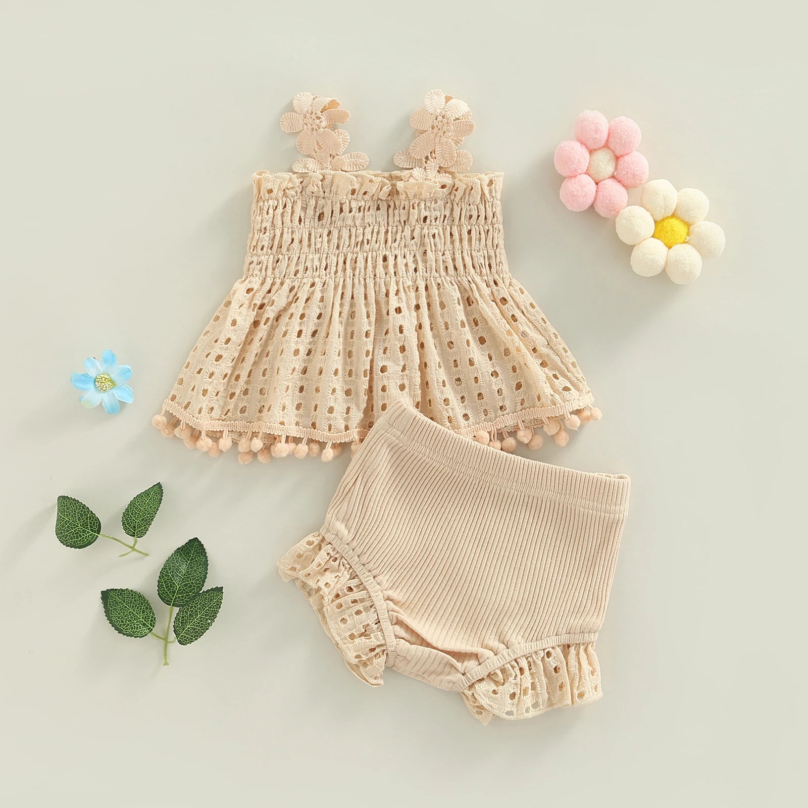Baby Girl Eyelet Smocked Pom-Pom Tank Top & Ruffle Shorts 2-Piece Set