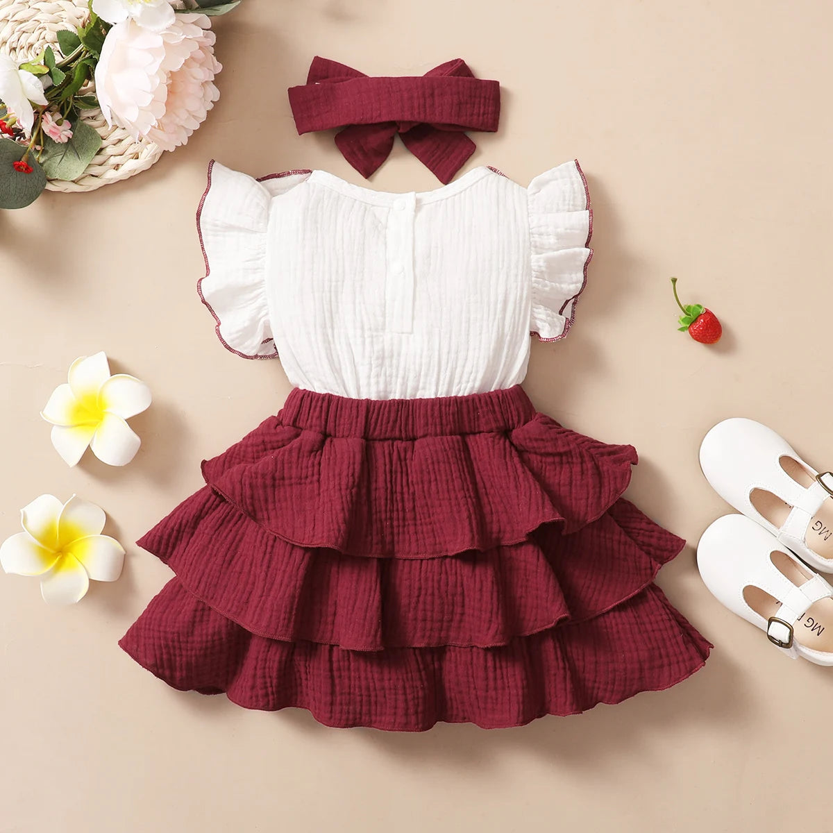 Baby Girl Wine Red Tiered Ruffle Dress & Headband Set