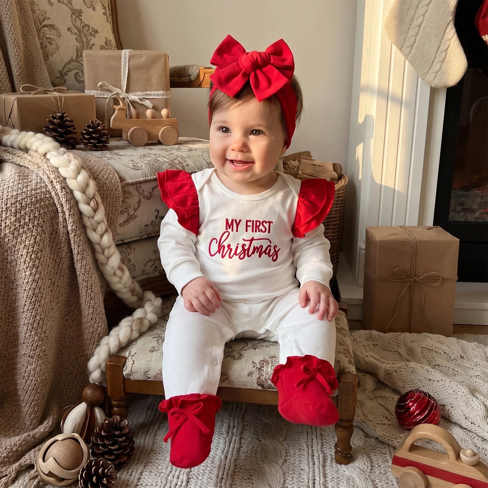 Baby Girl First Christmas Ruffle Romper & Headband Set