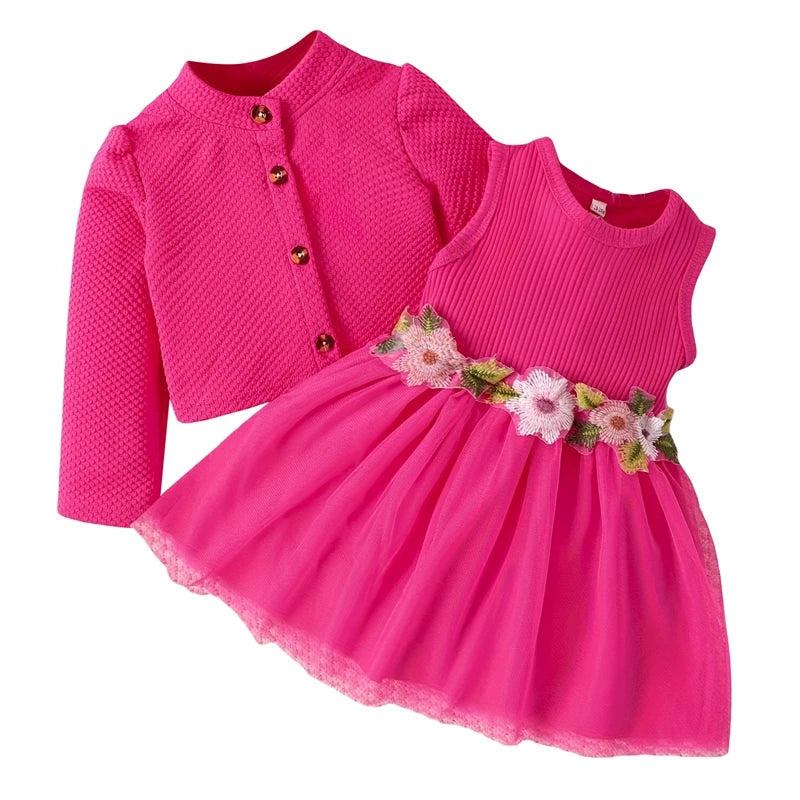 Baby Girl Fall Outfit - Floral Tulle Dress & Cardigan Set