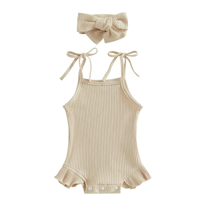 Beige / 0-3M Baby Girl Ribbed Knit Tie-Up Strap Ruffle Romper & Headband Set