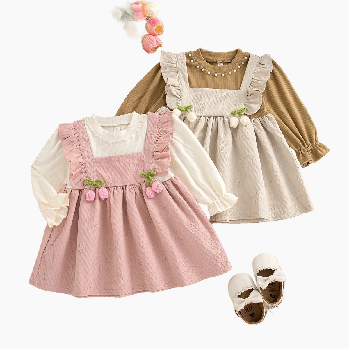 Girl Flower Print Bow Knit Dress - Soft & Long Sleeved