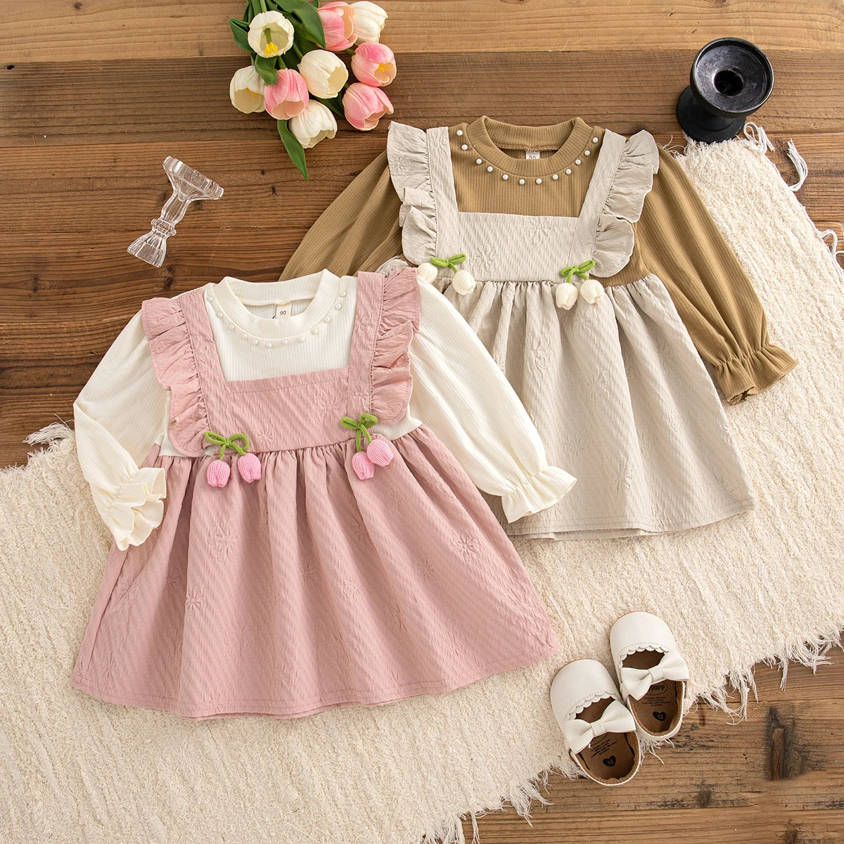 Girl Flower Print Bow Knit Dress - Soft & Long Sleeved