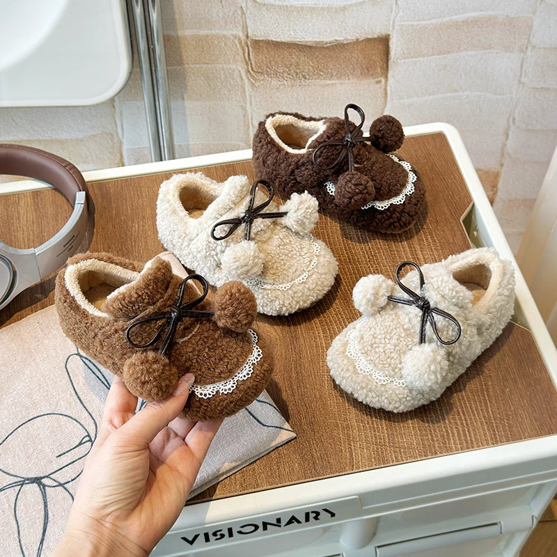 Girls' Fluffy Winter Flats with Pompoms