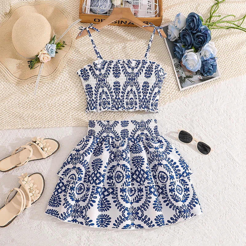 Girls Blue White Floral Smocked Spaghetti Strap Top & Tiered Skirt Set