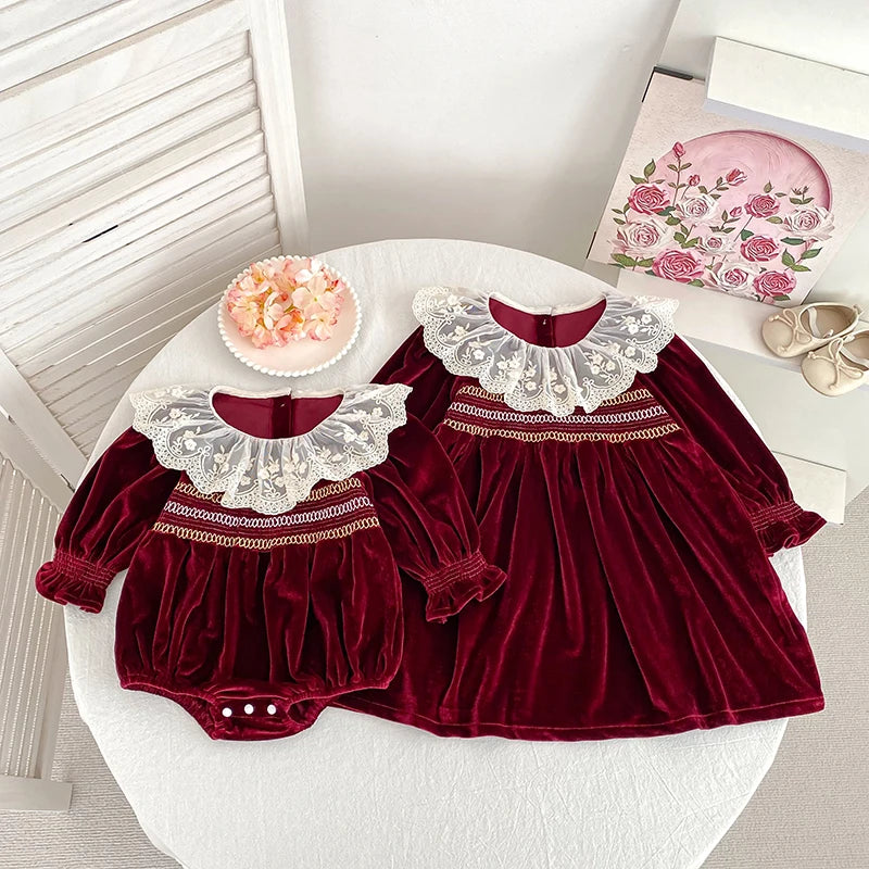 Girls Red Christmas Dress with White Lace Collar
