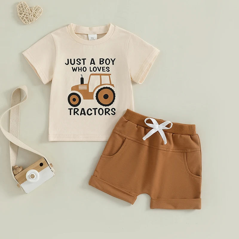Toddler Boy's Tractor Print T-Shirt & Shorts Outfit