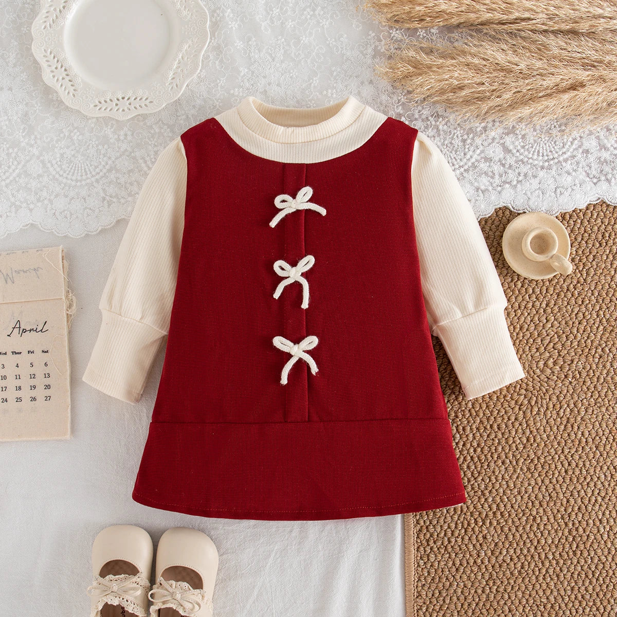 Baby Girl Colorblock Bow Knit Long Sleeve Dress 9M–3 Years