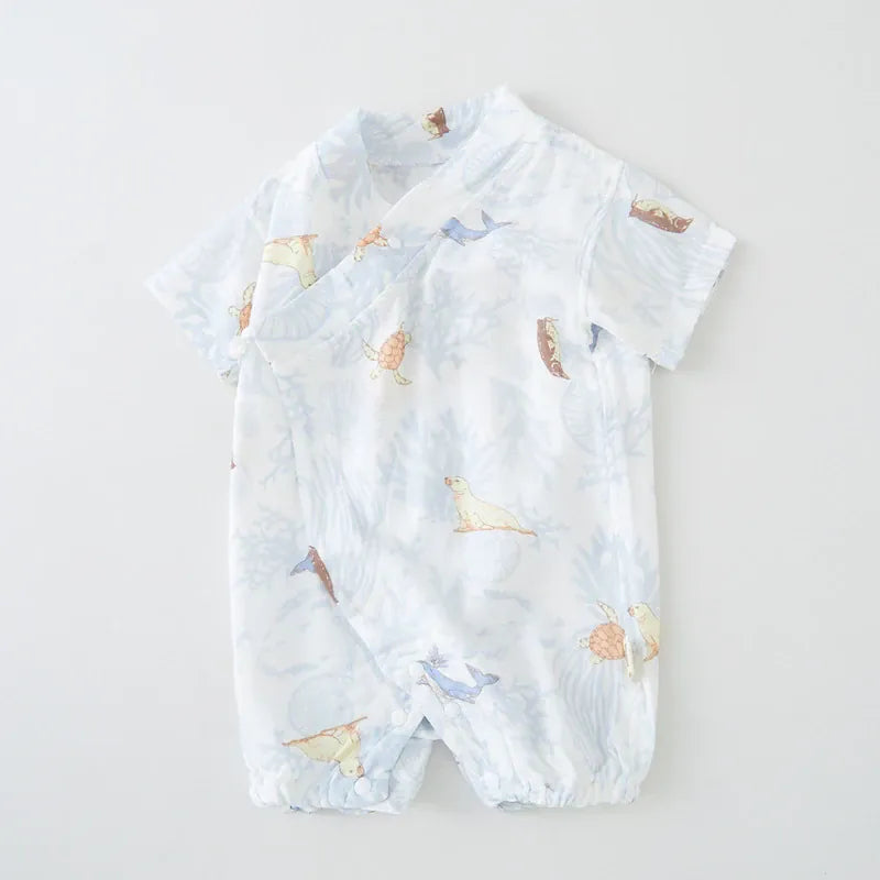 Ocean Friends / 0-3M Baby Double Layer Muslin Kimono Onesie