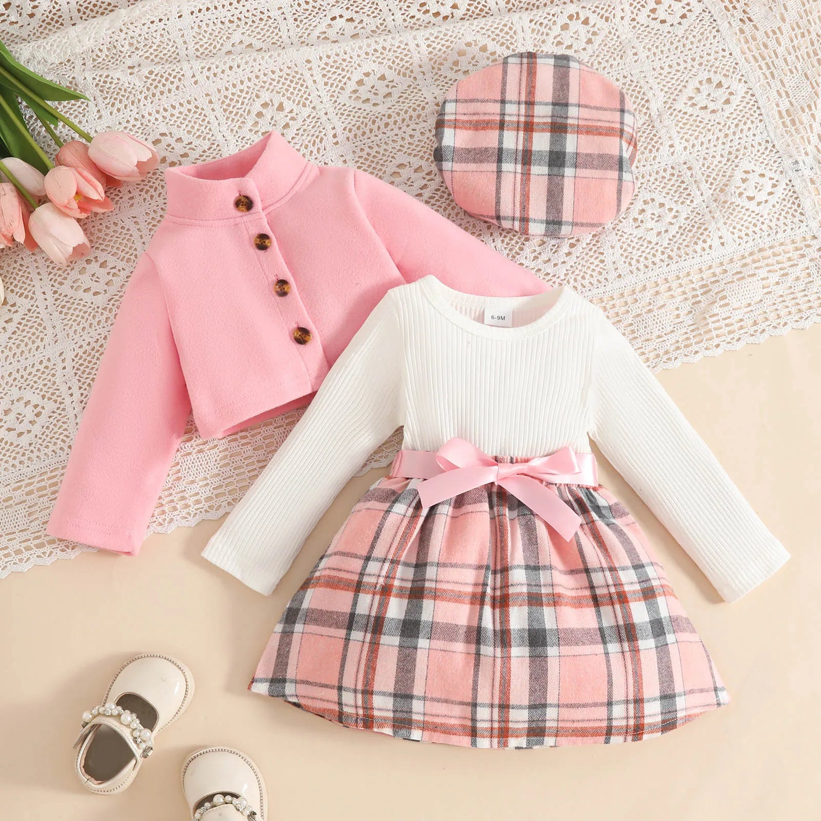 Girl 3-Piece Ruffle Plaid Skirt & Jacket Outfit